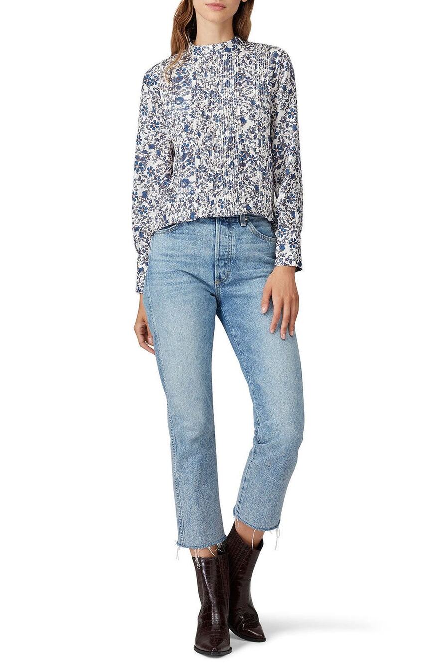 Apiece Apart Sez Pintuck Floral Print Long Sleeve Silk High Neck Blouse Size 12
